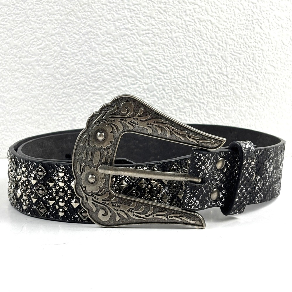 Western Studded Belt Women M 32-36 In Black Silver Engraved Lg Buckle Boho Y2K